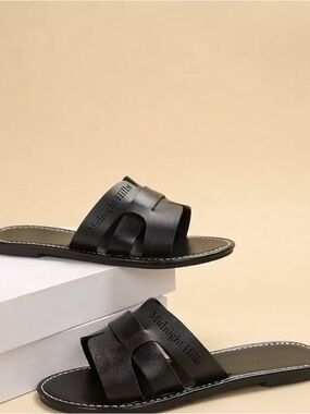 Midnight Hills Black Leather Slide Sandals with Cutout Straps